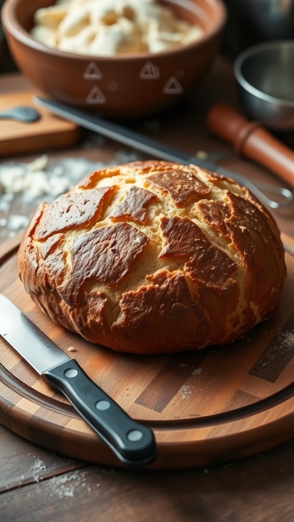 A golden-brown round loaf of Dutch oven bread on a wooden board, with a knife beside it.